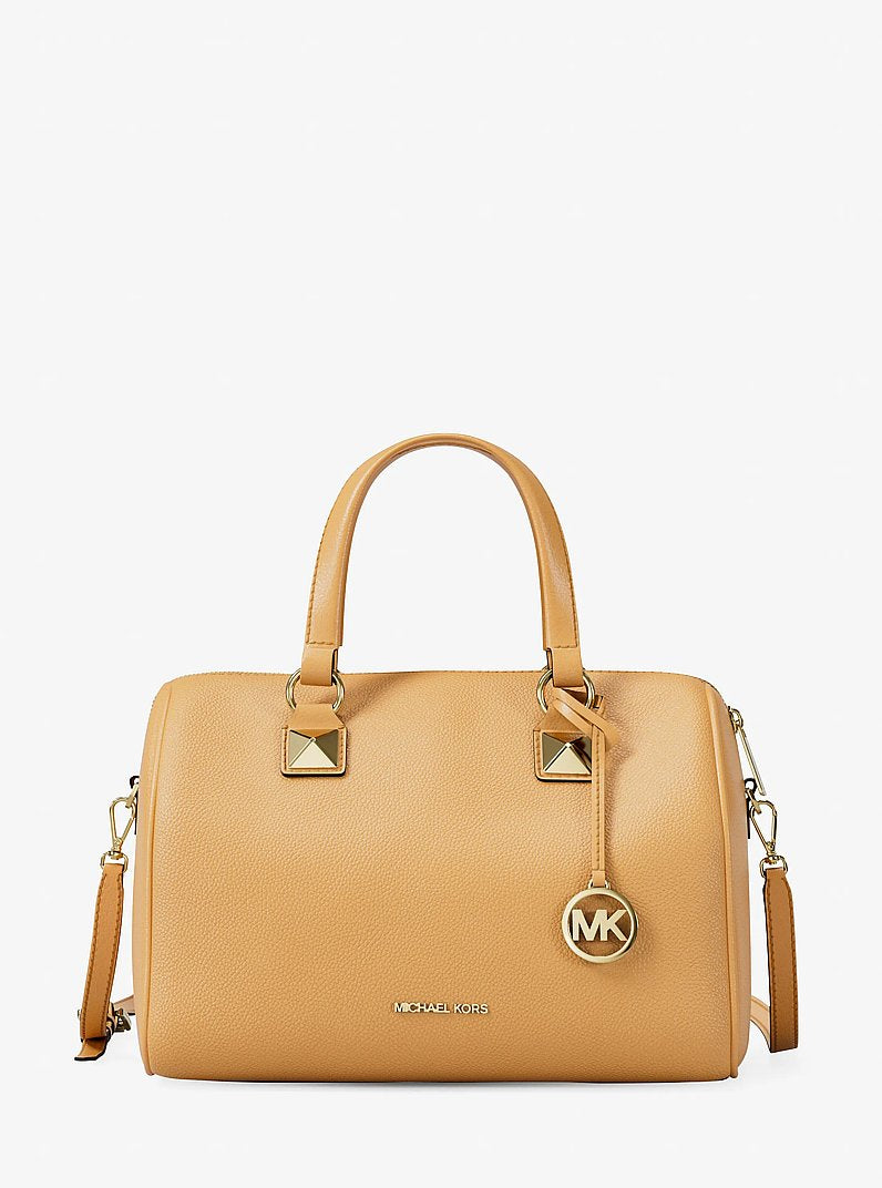 Bolsa Michael Kors Grayson Medium Pebbled Leather Duffel Bag, Couro Pebbled, cor Honeywheat (Dourado Acastanhado), vista frontal | Original Exports
