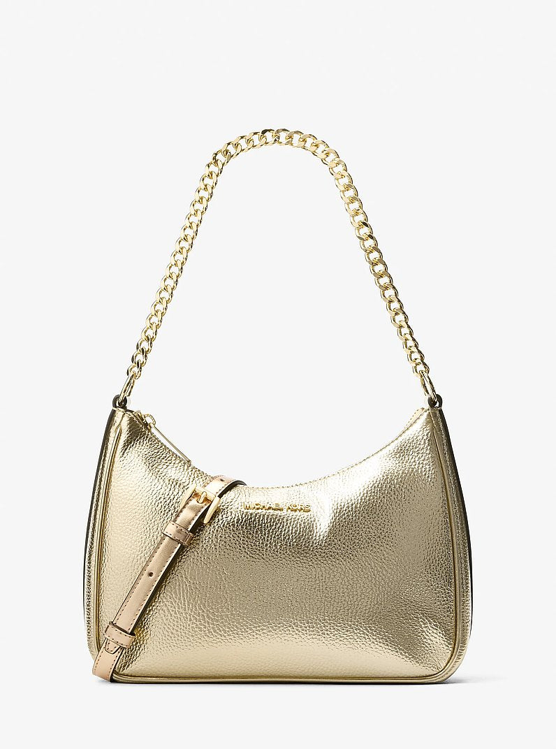 Michael Kors Jet Set Travel Large Metallic Convertible Crossbody Bag en Silver — vista frontal | Original Export