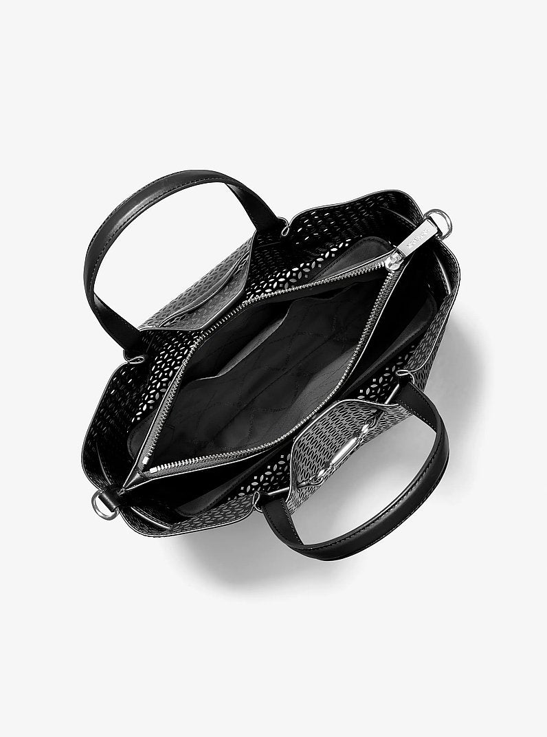 Bolsa Michael Kors Carson Medium Floral Laser Cut Satchel, Couro Vegano, cor Preto, vista lateral | Original Exports