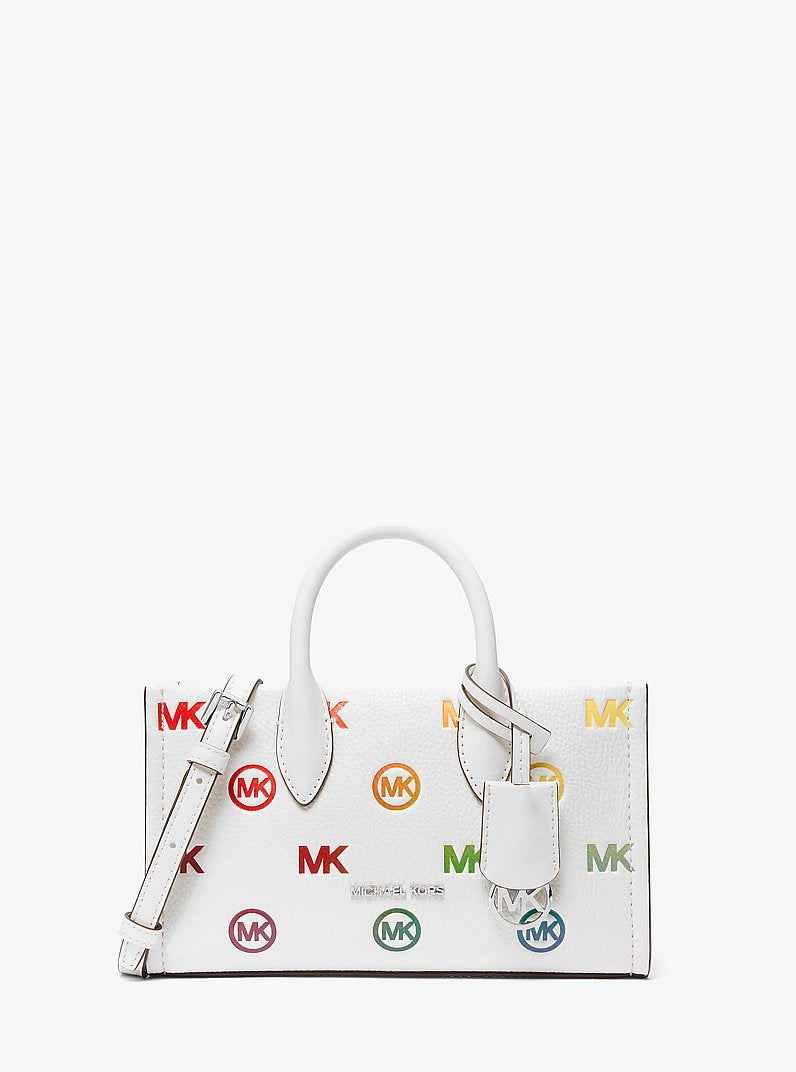 Michael Kors Mirella Small Rainbow Logo Embossed Convertible Crossbody Bag en Optic White — vista frontal | Original Export