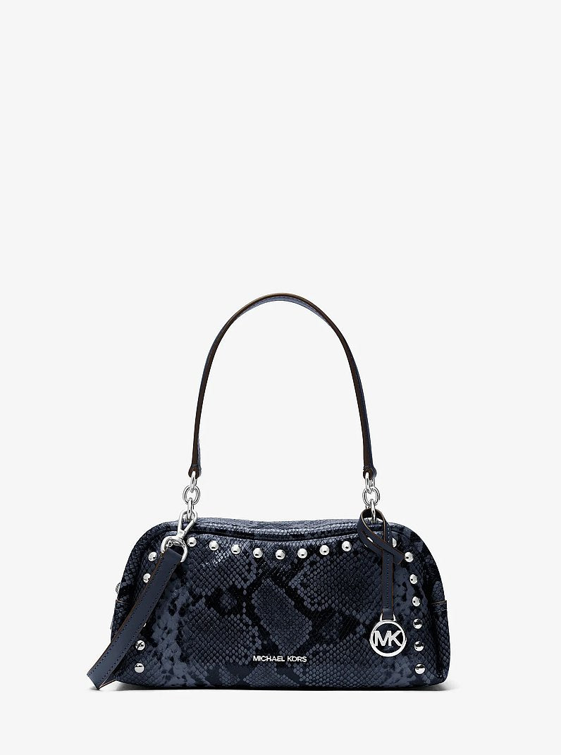 Michael Kors Cecily Small Studded Snake Embossed Shoulder Bag en Navy — vista frontal | Original Export