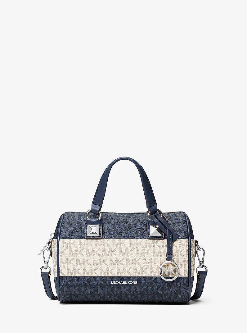 Michael Kors Grayson Small Striped Signature Logo Duffel Crossbody Bag en Navy — vista frontal | Original Export