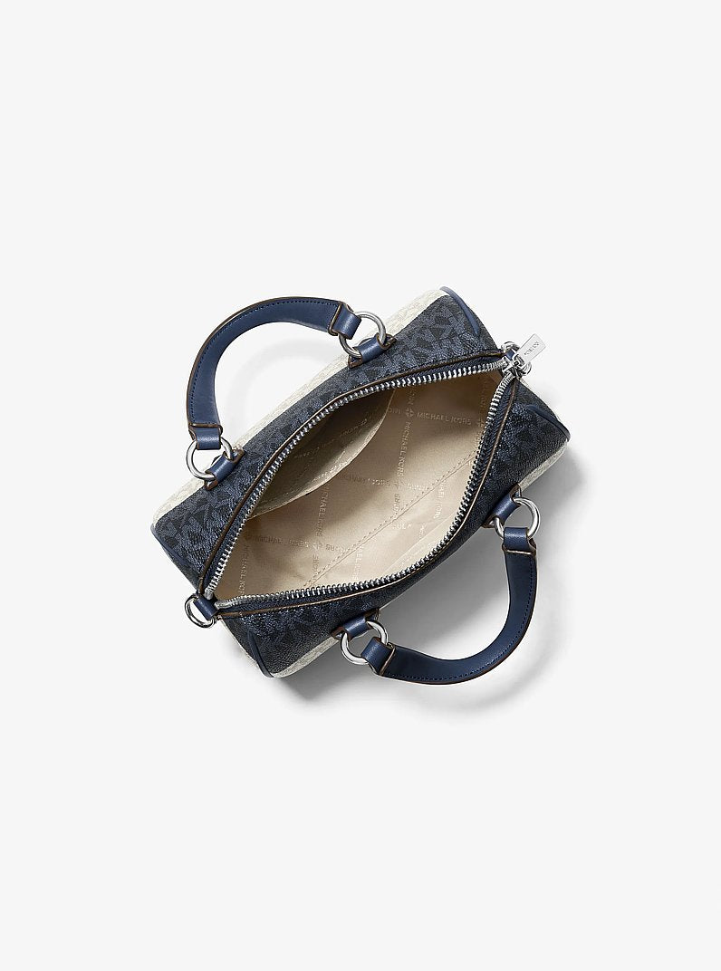 Michael Kors Grayson Small Striped Signature Logo Duffel Crossbody Bag en Navy — vista lateral | Original Export