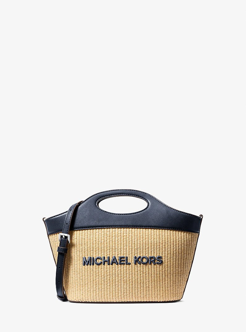 Michael Kors Tatum Medium Woven Convertible Crossbody Bag en Navy — vista frontal | Original Export