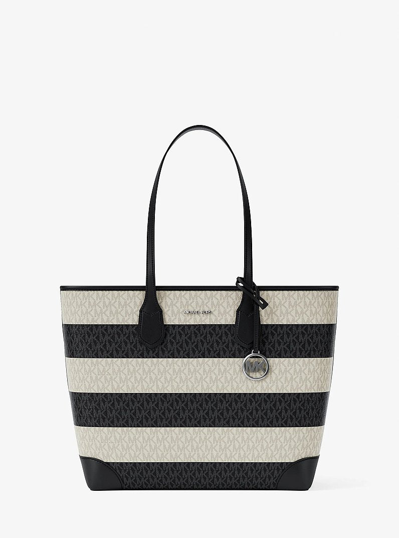 Michael Kors Eva Large Striped Signature Logo Tote Bag en Black — vista frontal | Original Export