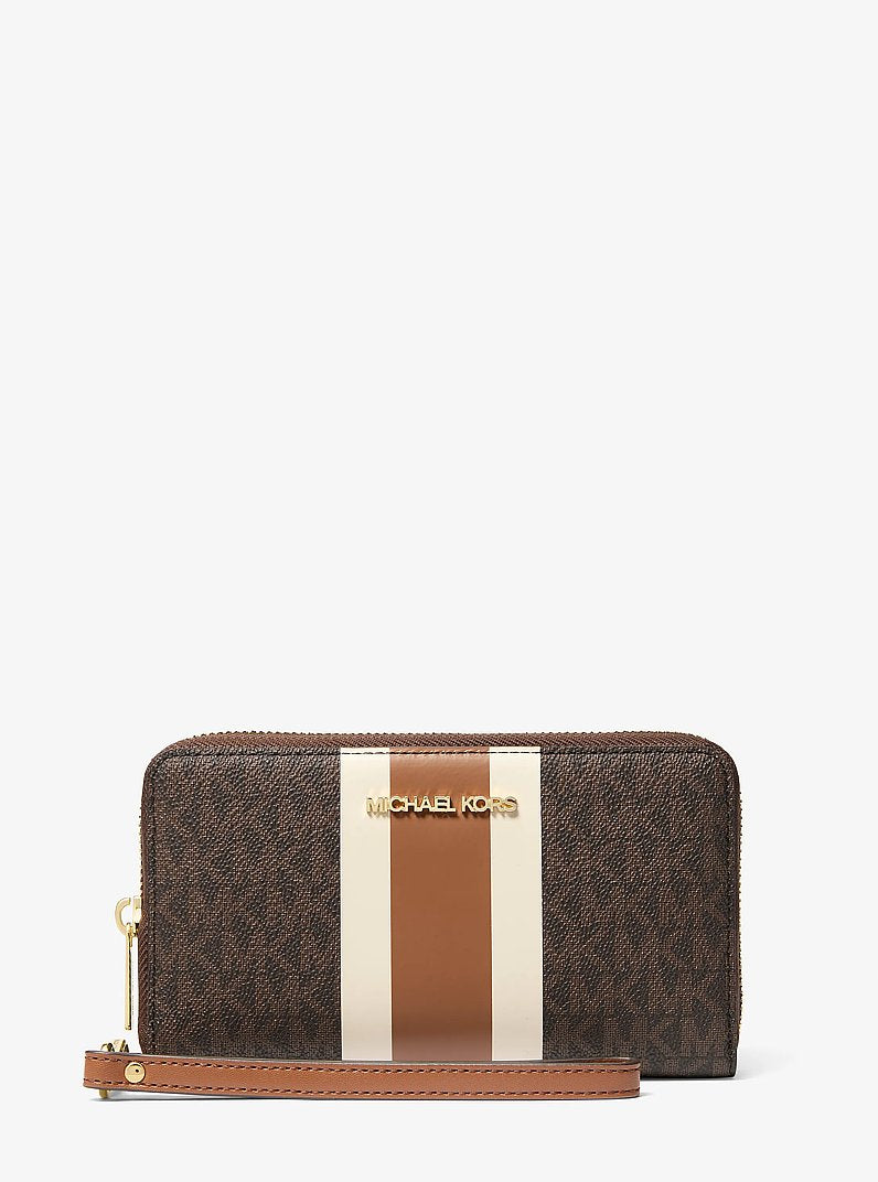 Carteira para Celular Michael Kors Jet Set Travel Large Striped Signature Logo Smartphone Wallet, Lona com Logo Signature, cor Marrom Multicolor, vista frontal | Original Exports