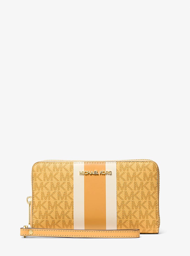 Carteira para Celular Michael Kors Jet Set Travel Large Striped Signature Logo Smartphone Wallet, Lona com Logo Signature, cor Honeywheat (Dourado Acastanhado), vista frontal | Original Exports