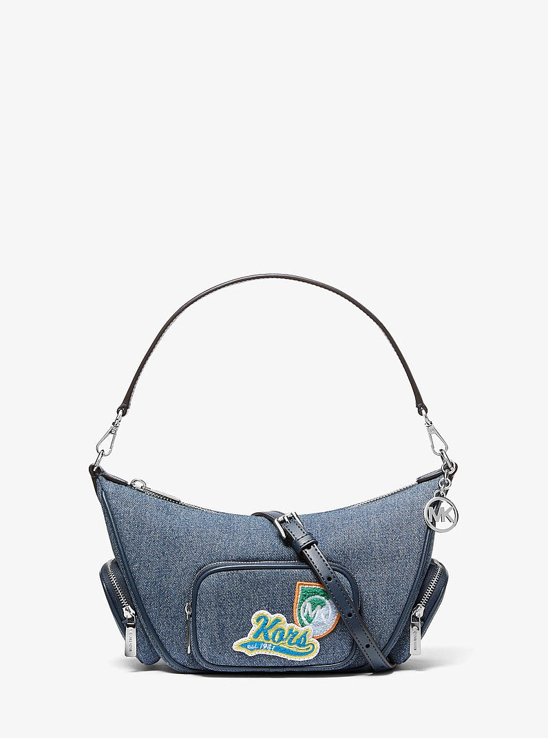 Michael Kors Merritt Small Embellished Denim Convertible Crossbody Bag en Washed Denim — vista frontal | Original Export