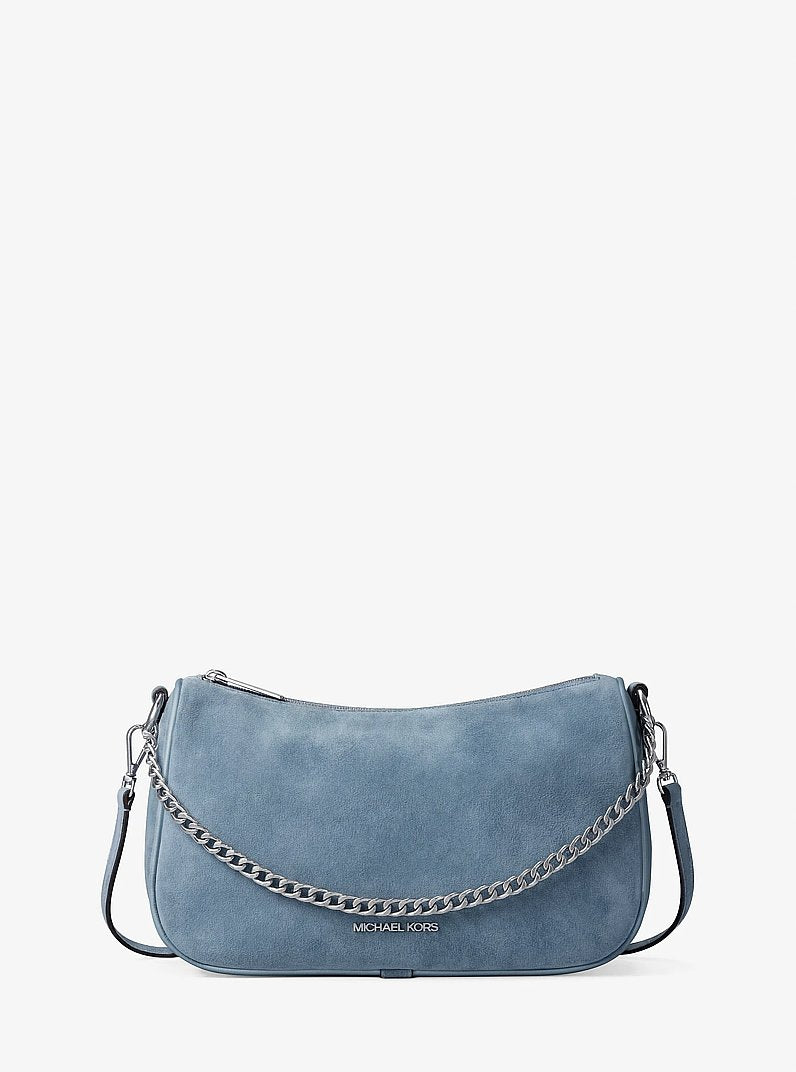 Michael Kors Carmela Medium Suede Convertible Crossbody Bag en Denim — vista frontal | Original Export