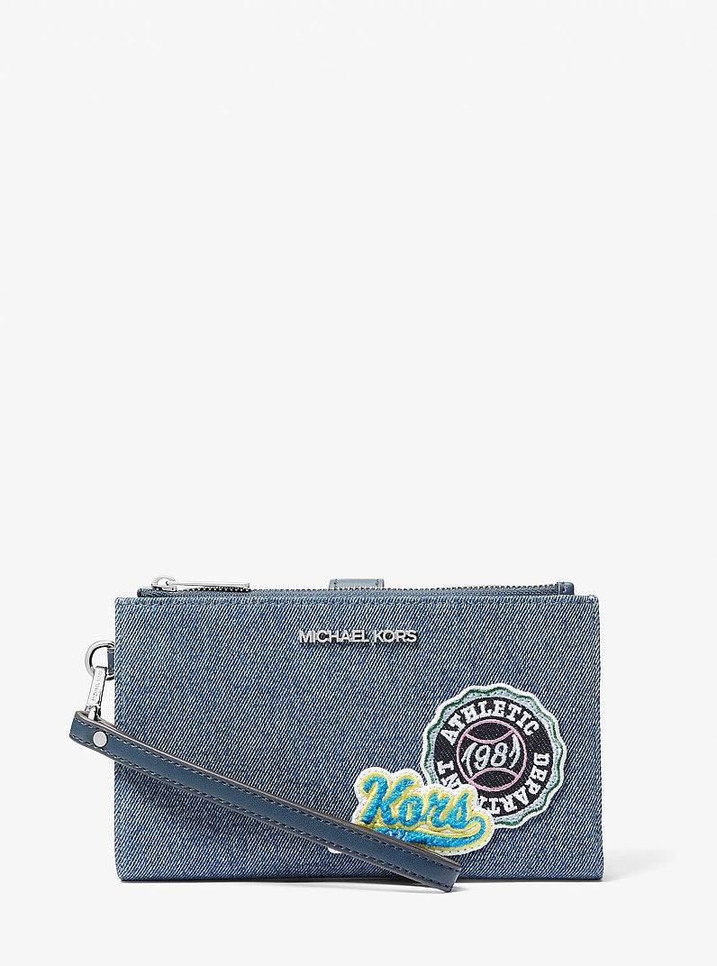 Carteira de Pulso Michael Kors Jet Set Travel Embellished Denim Wristlet, Jeans, cor Jeans Lavado, vista frontal | Original Exports