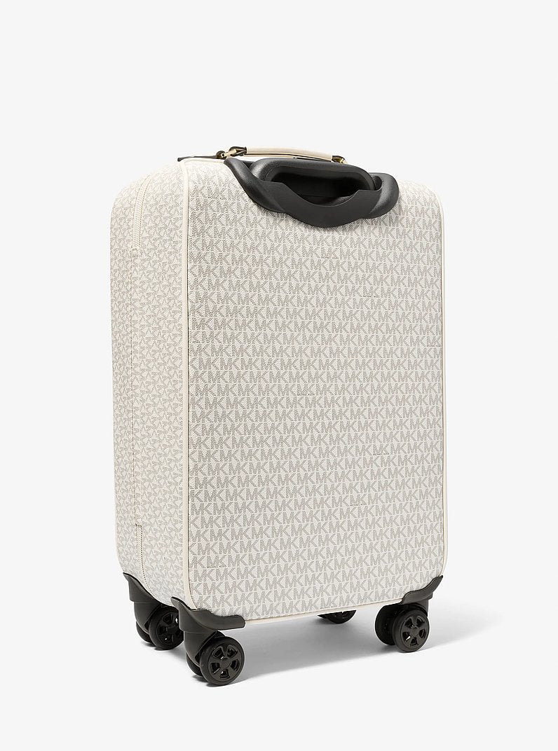 Bolsa Baú Michael Kors Small Signature Logo Suitcase, Lona com Logo Signature, cor Creme Claro Multicolor, detalhe do material | Original Exports