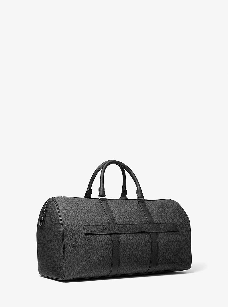 Bolsa Michael Kors Harrison Logo Weekender Bag, Lona com Logo Signature, cor Preto, detalhe do material | Original Exports