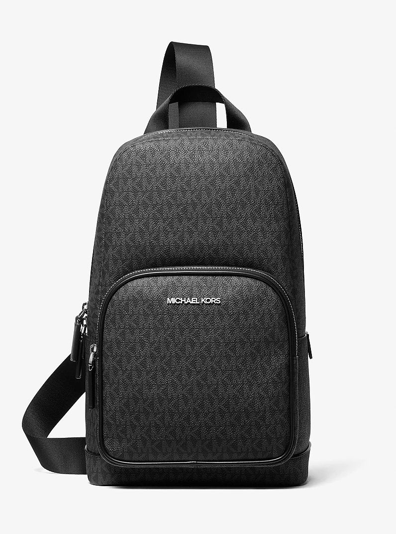 Bolsa Michael Kors Cooper Logo Sling Pack, Lona com Logo Signature, cor Preto, vista frontal | Original Exports