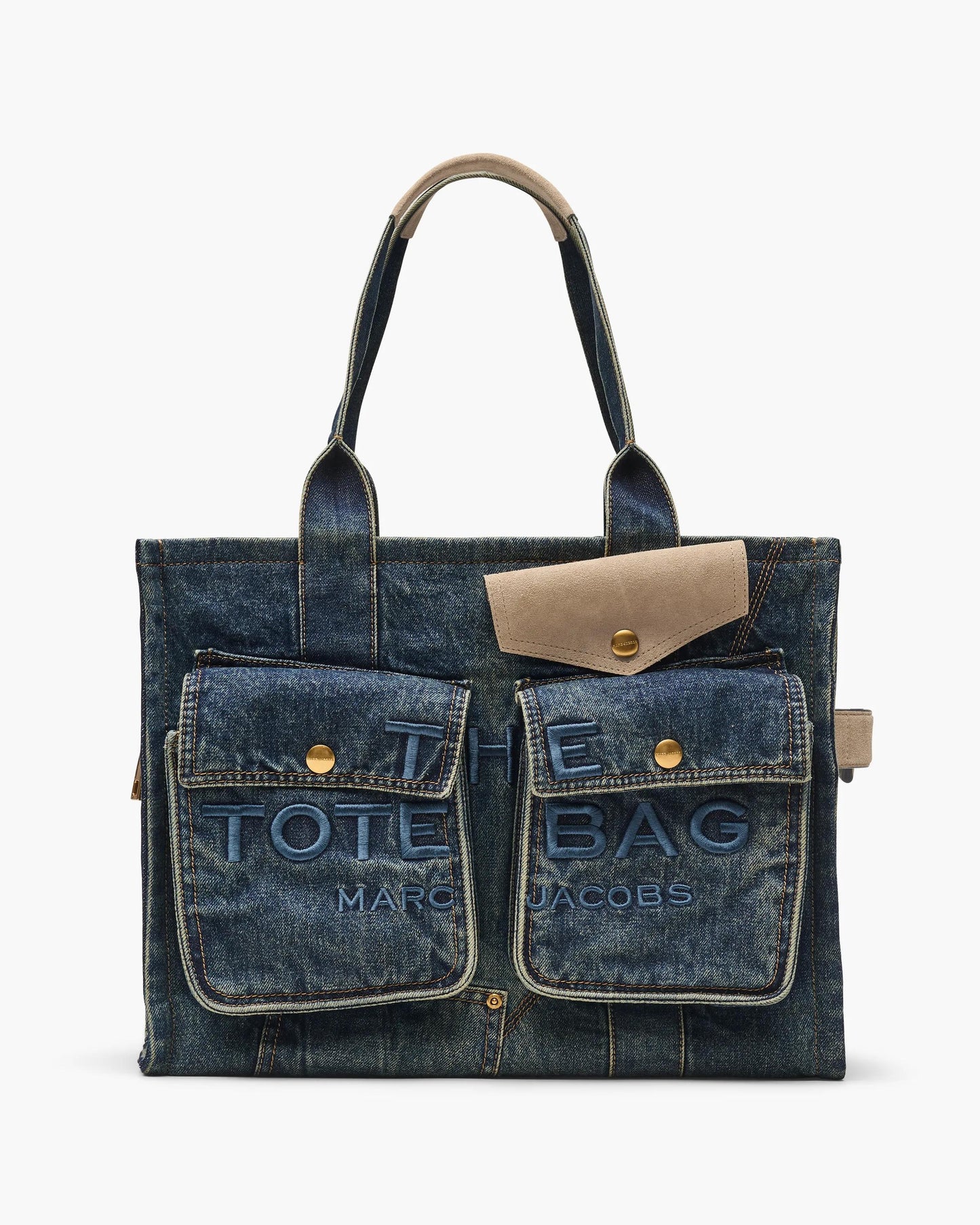 Bolsa Marc Jacobs The Denim Suede Large Cargo Tote Bag, Jeans com acabamento em camurça italiana, cor Jeans Escuro (Indigo), vista frontal | Original Exports