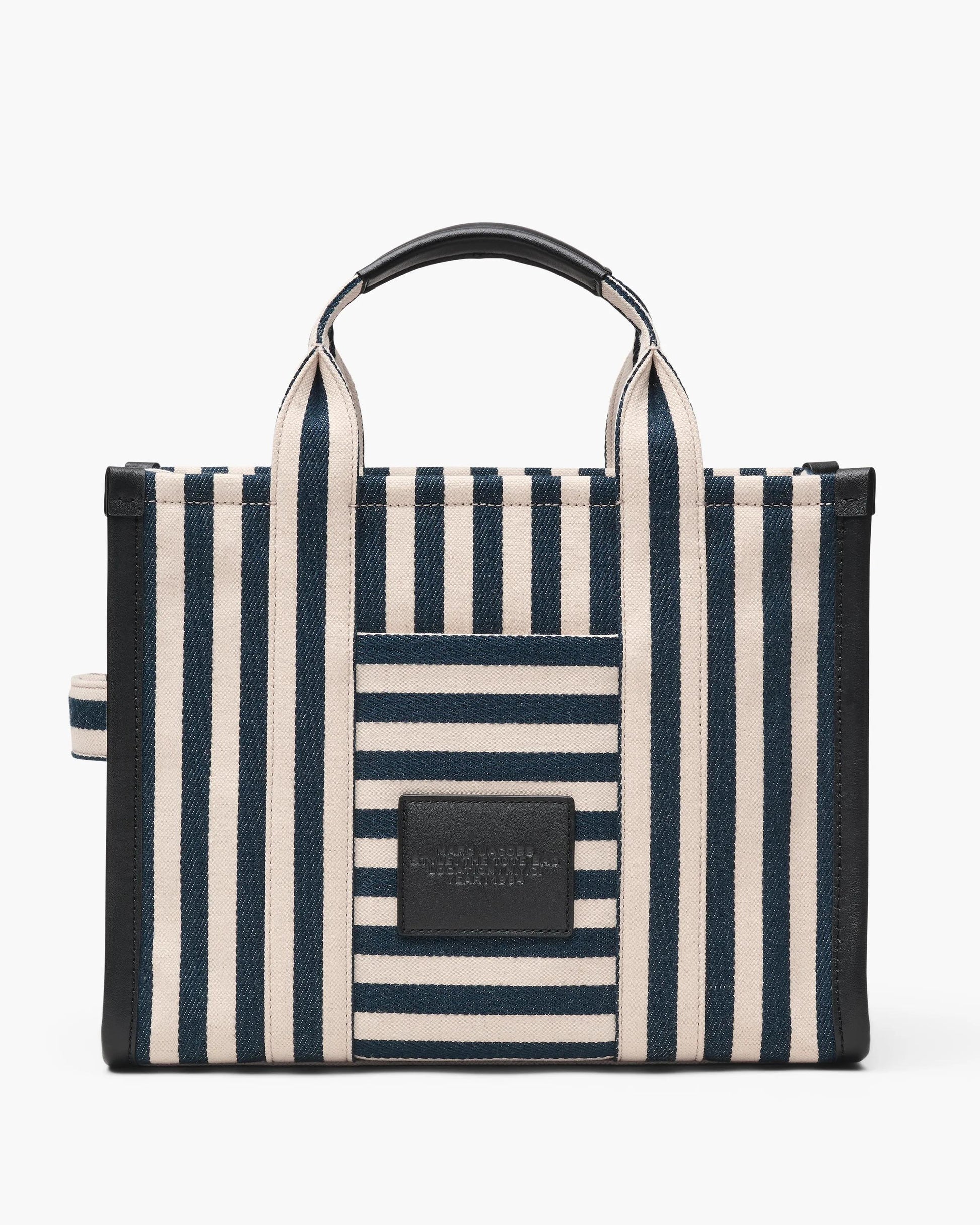 Bolsa Marc Jacobs The Stripe Canvas Medium Tote Bag, Lona de Algodão pesada com acabamento em couro, cor Azul Mar Multicolor, detalhe do material | Original Exports