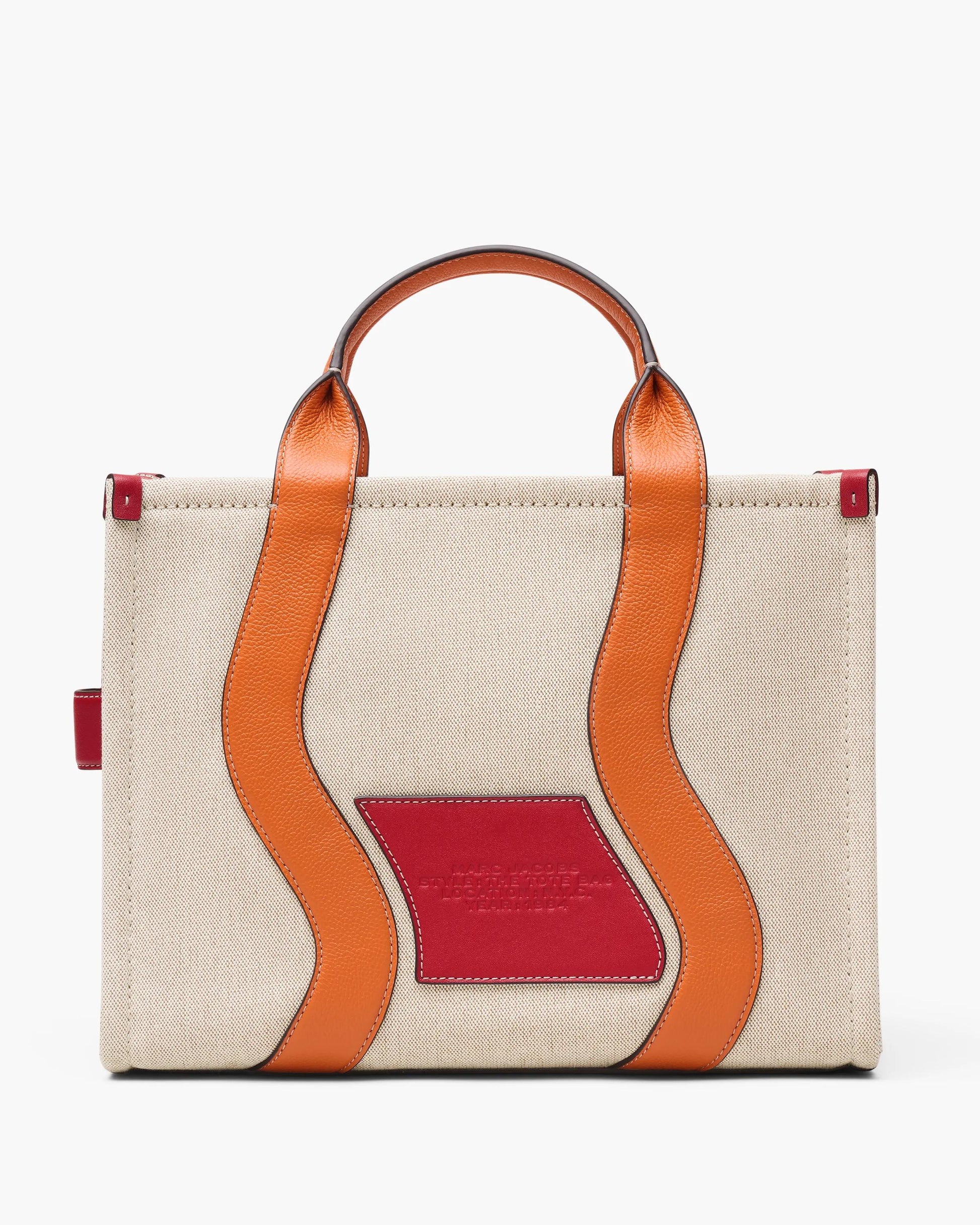 Bolsa Marc Jacobs The Wavy Canvas Medium Tote Bag, Lona de Algodão com acabamento em couro, cor Beige/Laranja, detalhe do material | Original Exports