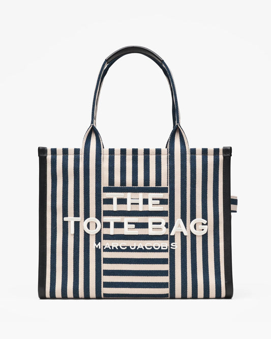 Bolsa Marc Jacobs The Stripe Canvas Large Tote Bag, Lona de Algodão pesada com acabamento em couro, cor Azul Mar Multicolor, vista frontal | Original Exports