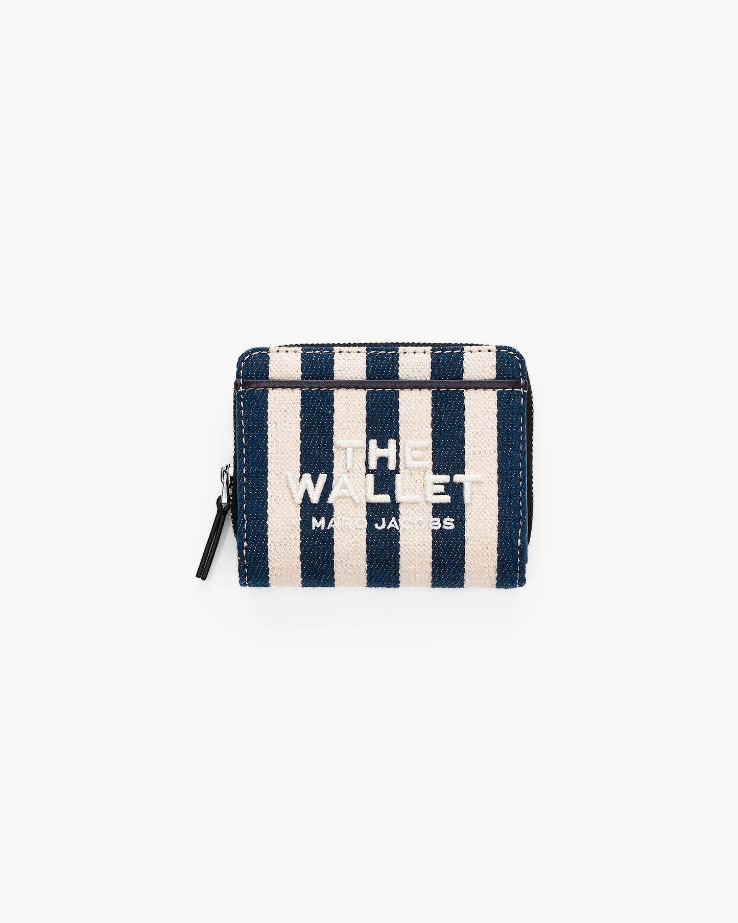 Carteira Marc Jacobs The Stripe Canvas Mini Compact Wallet, Lona Listrada, cor Azul Mar Multicolor, vista frontal | Original Exports