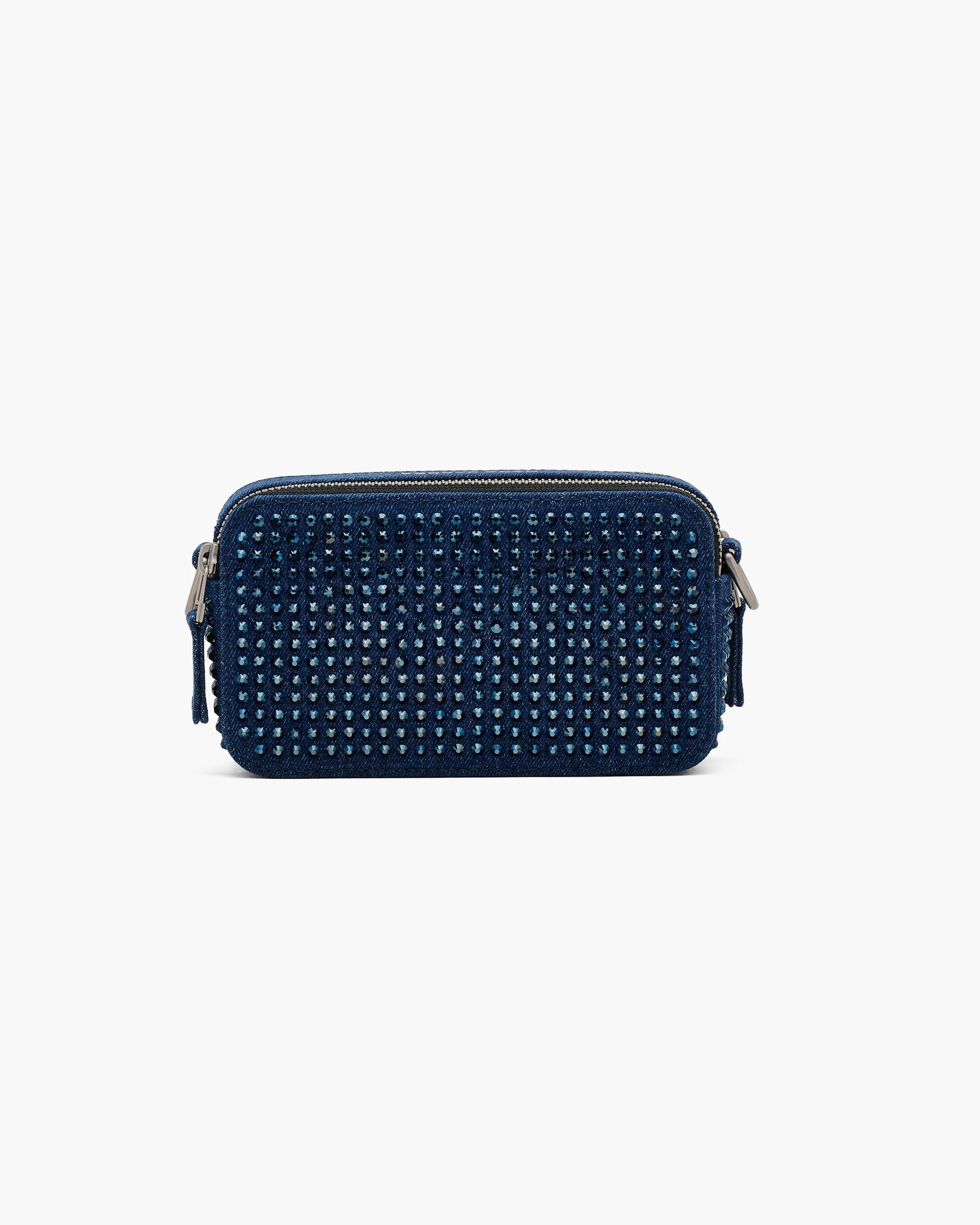 Bolsa Marc Jacobs The Crystal Denim Snapshot, Jeans com aplicação de cristais, cor Jeans Escuro com Cristais, detalhe do material | Original Exports