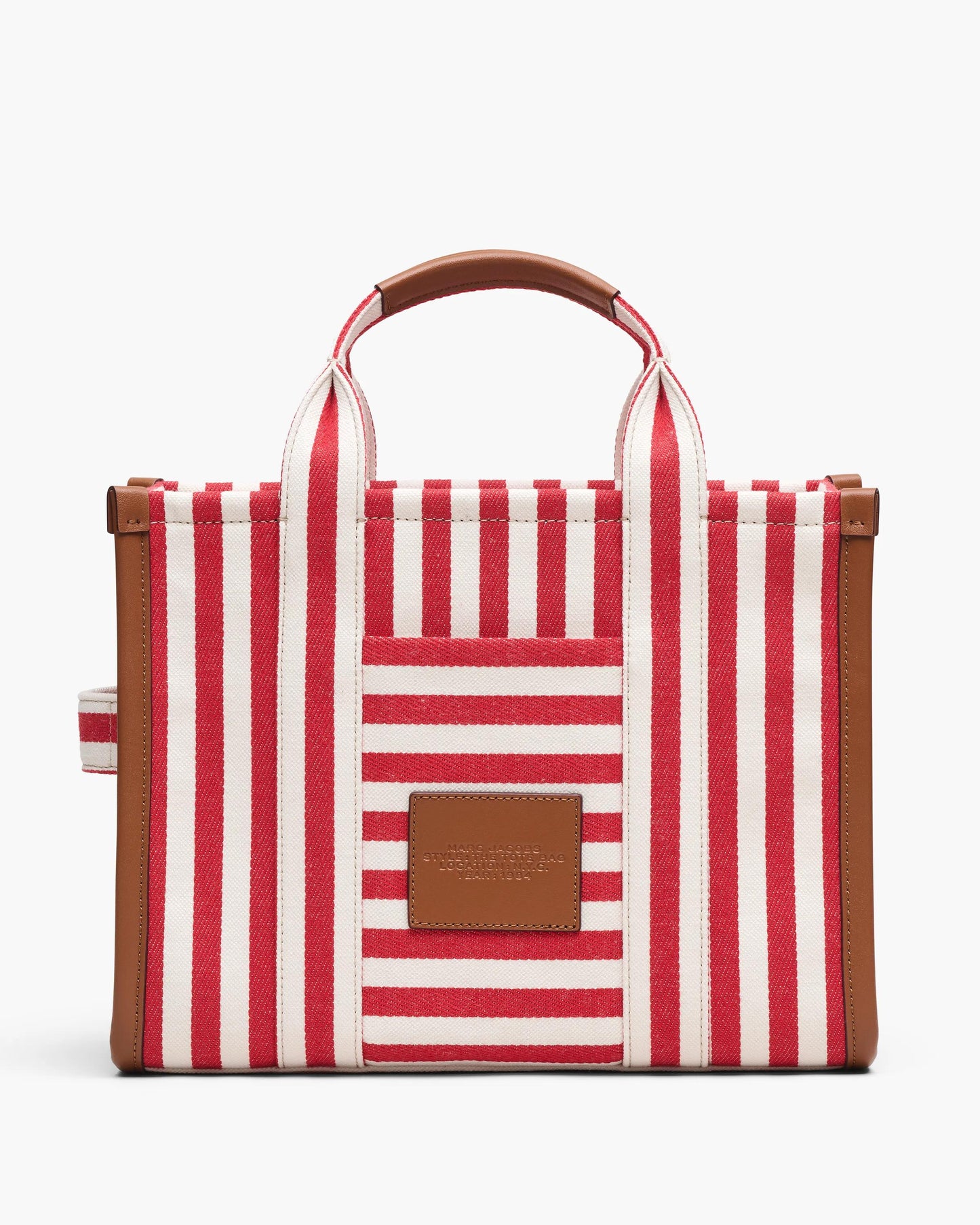 Bolsa Marc Jacobs The Stripe Canvas Medium Tote Bag, Lona de Algodão pesada com acabamento em couro, cor Vermelho Multicolor, detalhe do material | Original Exports