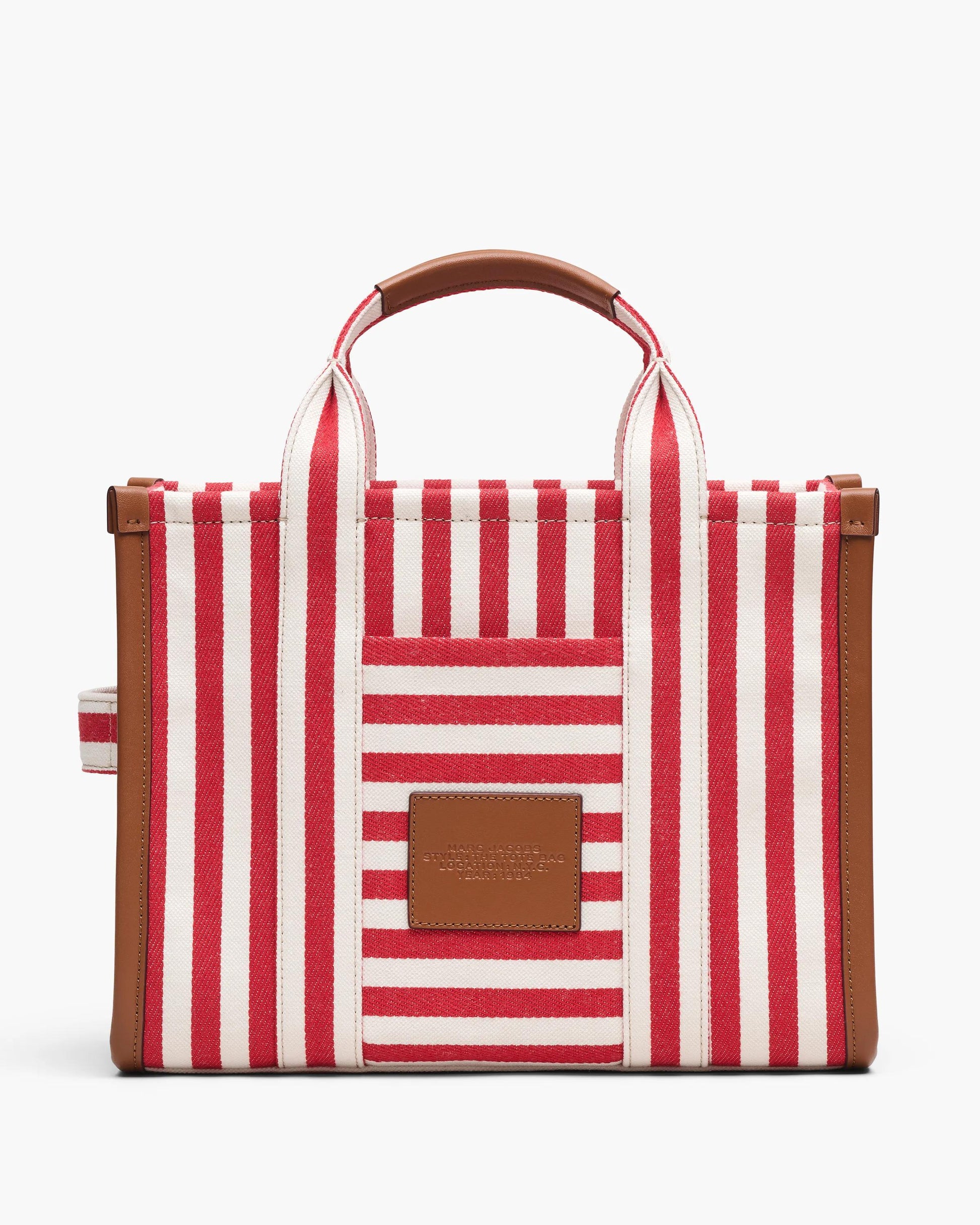 Bolsa Marc Jacobs The Stripe Canvas Medium Tote Bag, Lona de Algodão pesada com acabamento em couro, cor Vermelho Multicolor, detalhe do material | Original Exports
