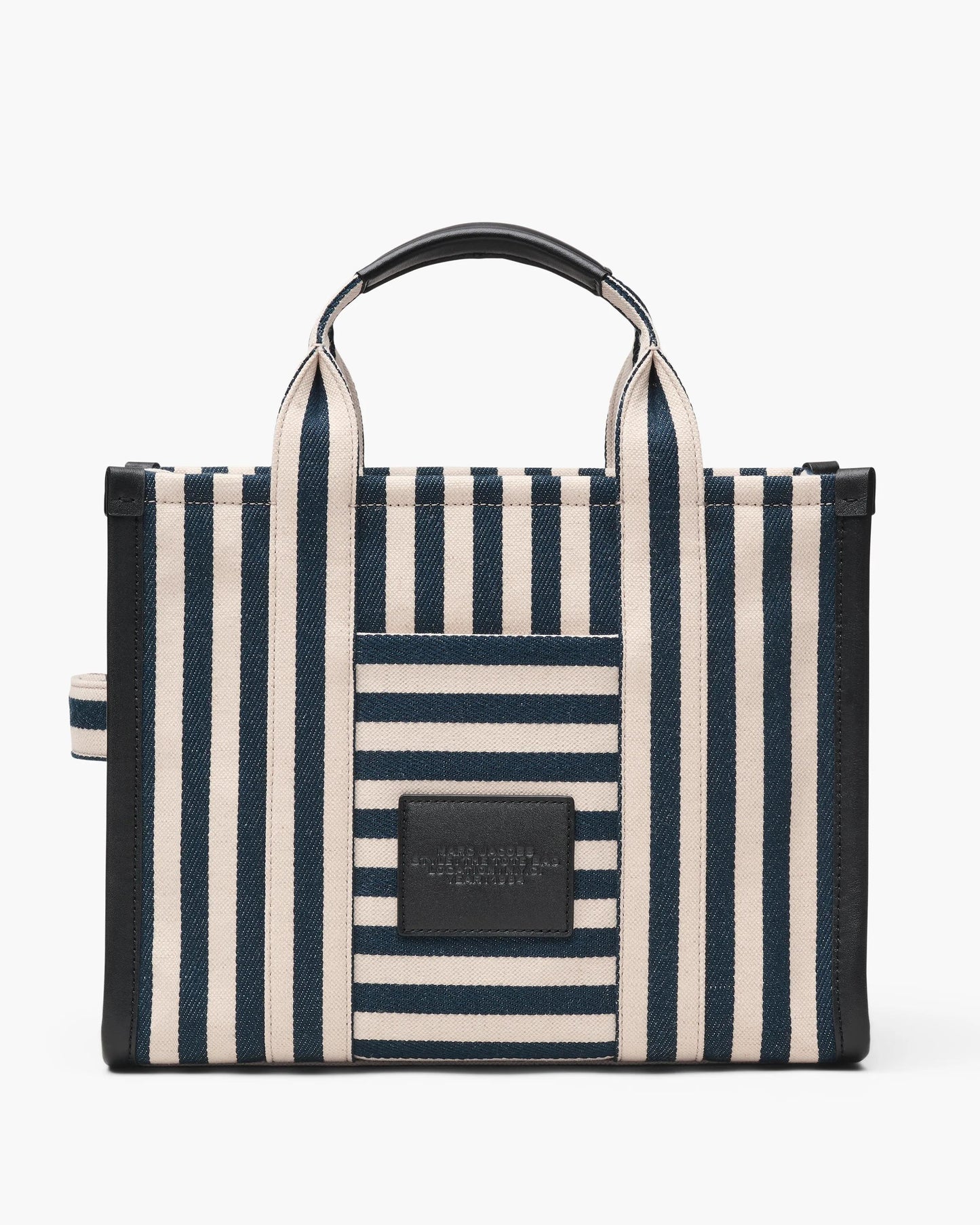 Bolsa Marc Jacobs The Stripe Canvas Medium Tote Bag, Lona de Algodão pesada com acabamento em couro, cor Azul Mar Multicolor, detalhe do material | Original Exports