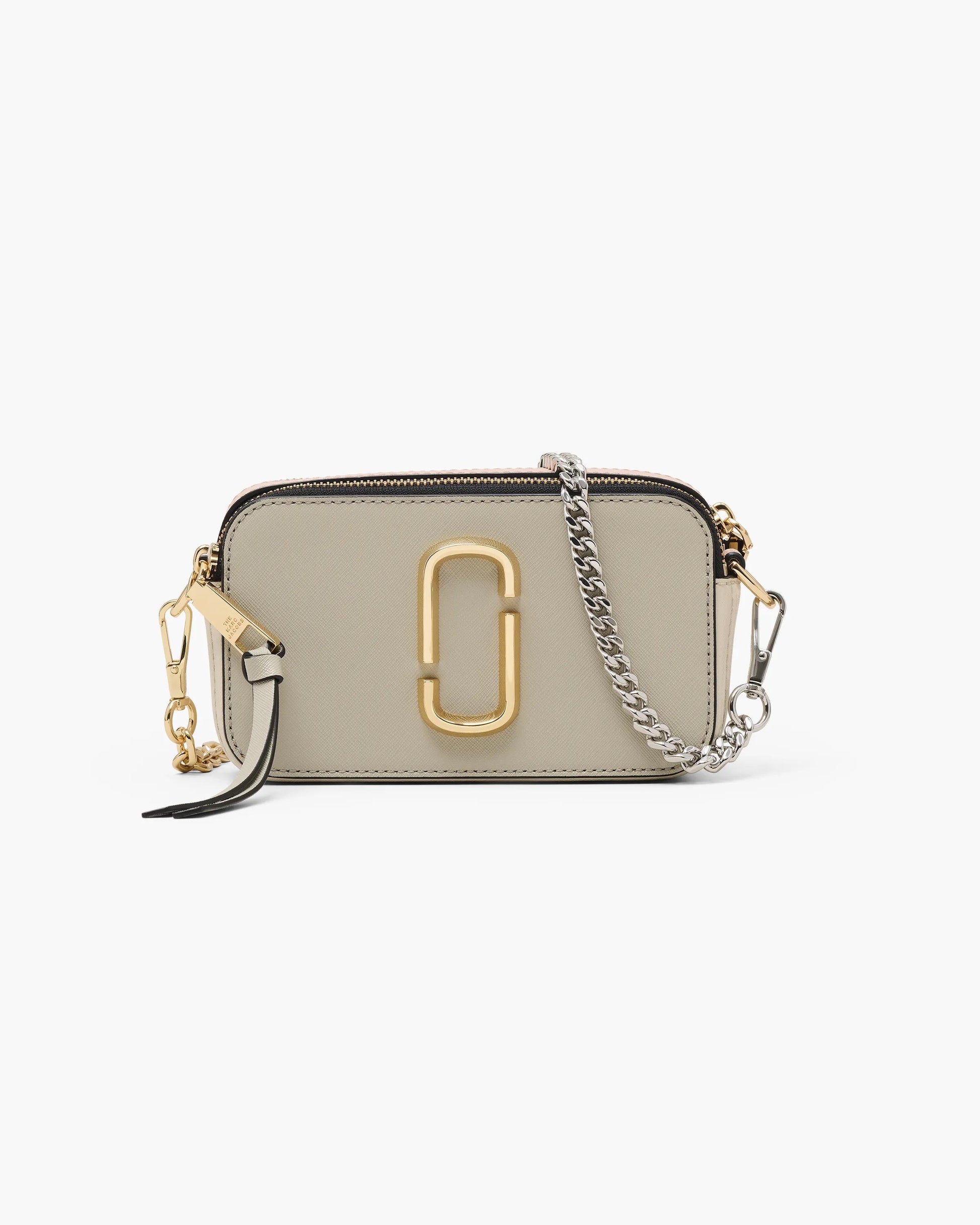 Bolsa Marc Jacobs The Colorblock Chain Snapshot, Couro Saffiano Legítimo, cor Cinza Poeira Multicolor, detalhe do material | Original Exports
