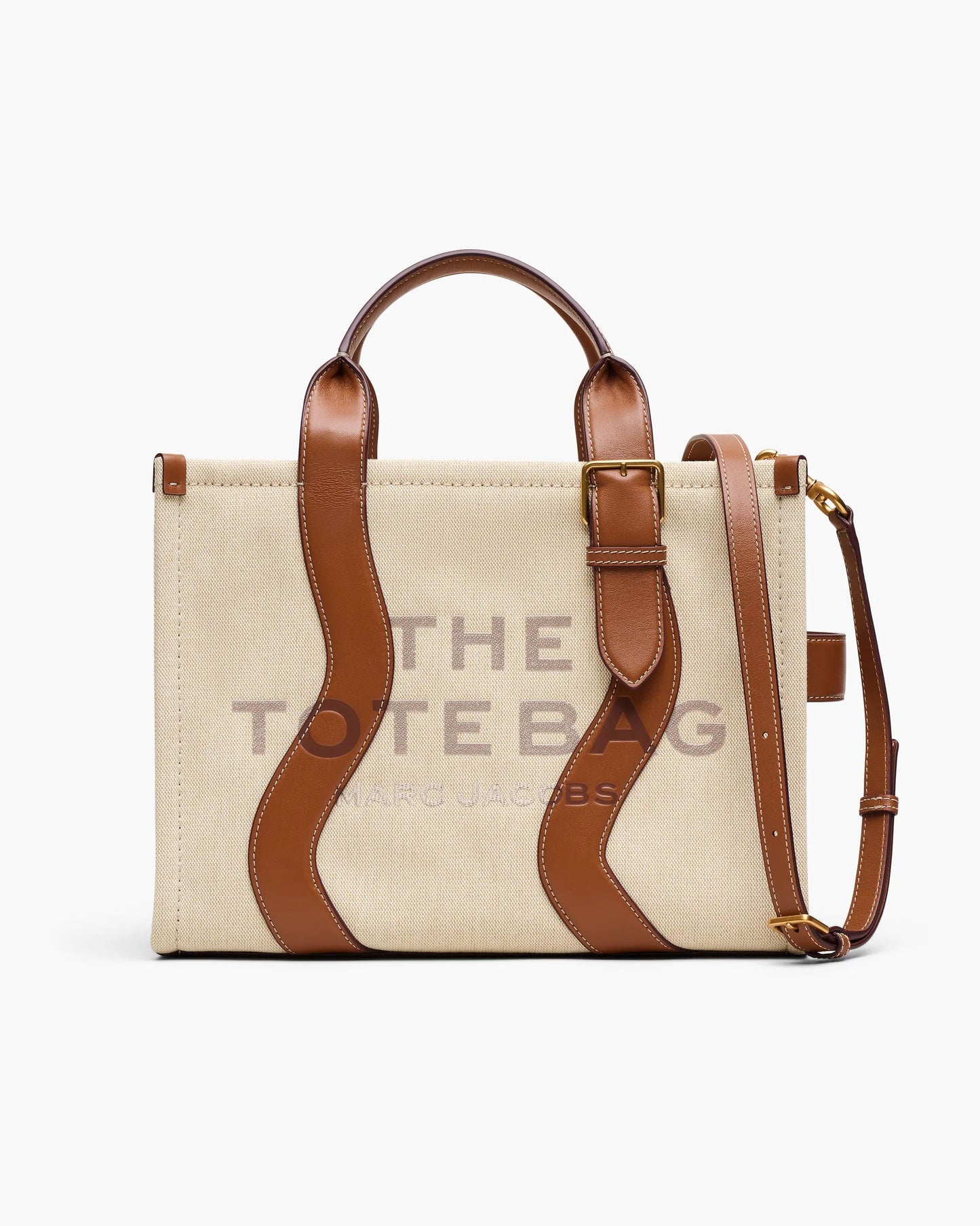 Bolsa Marc Jacobs The Wavy Canvas Medium Tote Bag, Lona de Algodão com acabamento em couro, cor Beige/Óleo de Argan, vista frontal | Original Exports