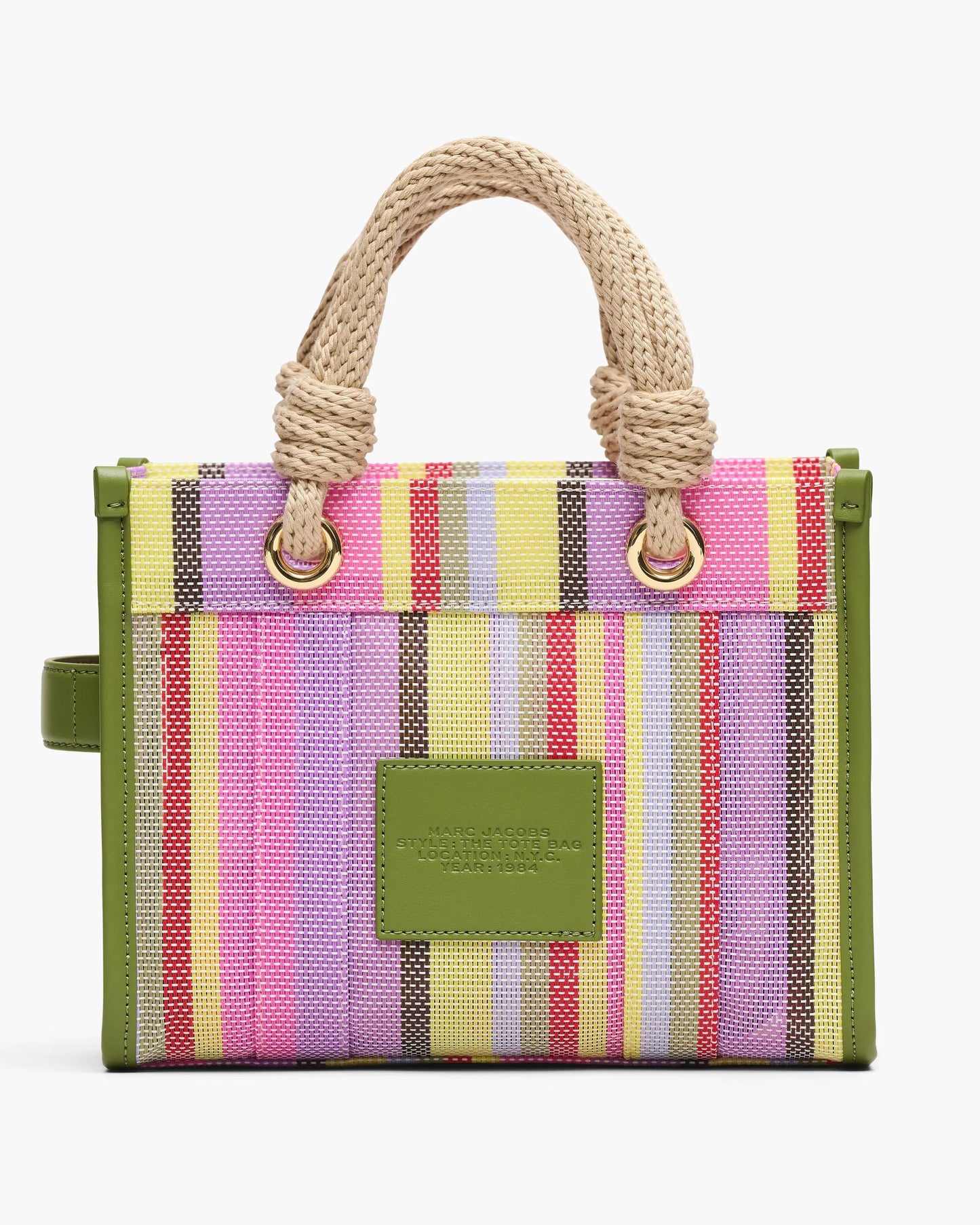 Bolsa Marc Jacobs The Stripe Mesh Small Tote Bag, Tela/Ráfia listrada, cor Roxo Multicolor, detalhe do material | Original Exports