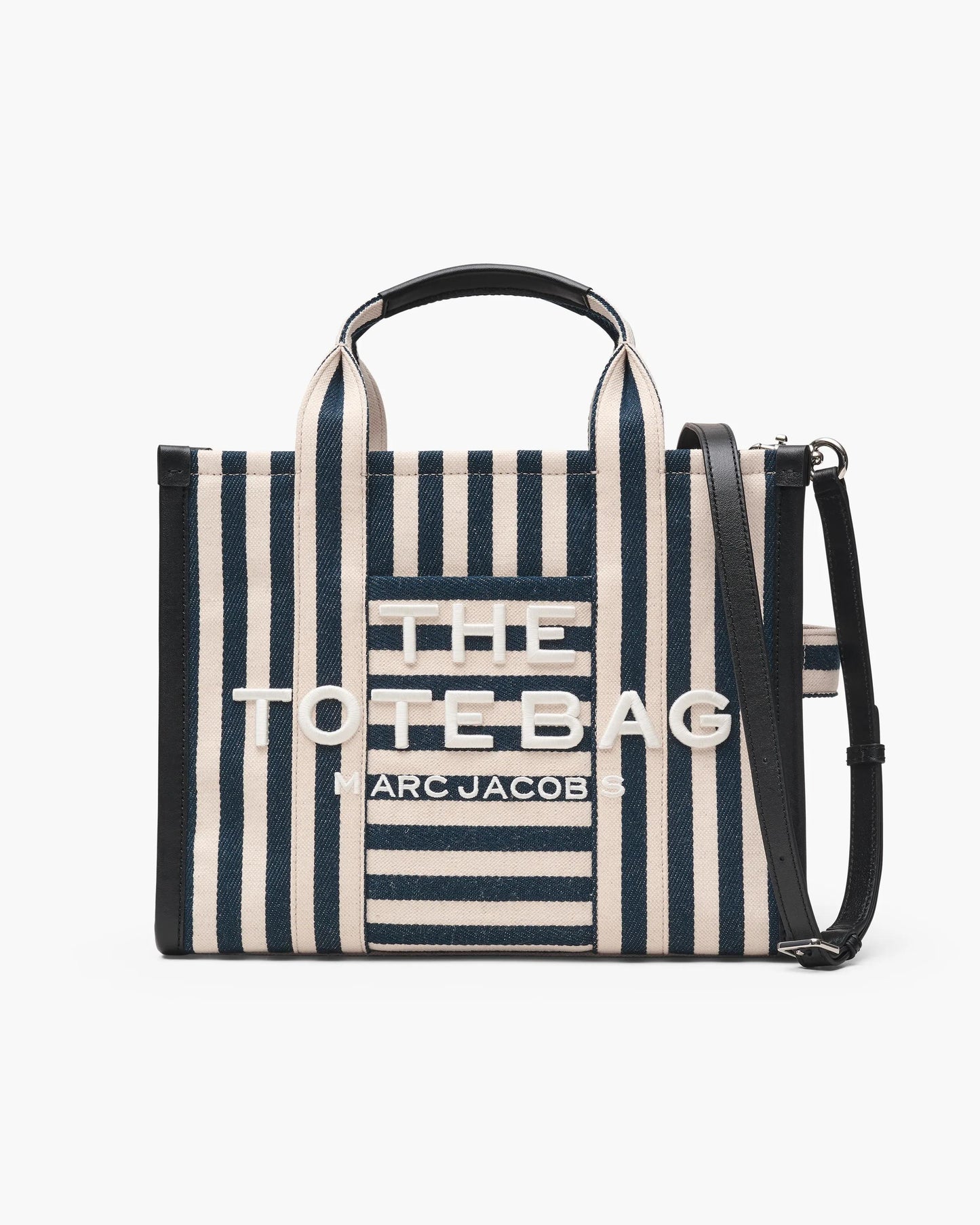Bolsa Marc Jacobs The Stripe Canvas Medium Tote Bag, Lona de Algodão pesada com acabamento em couro, cor Azul Mar Multicolor, vista frontal | Original Exports