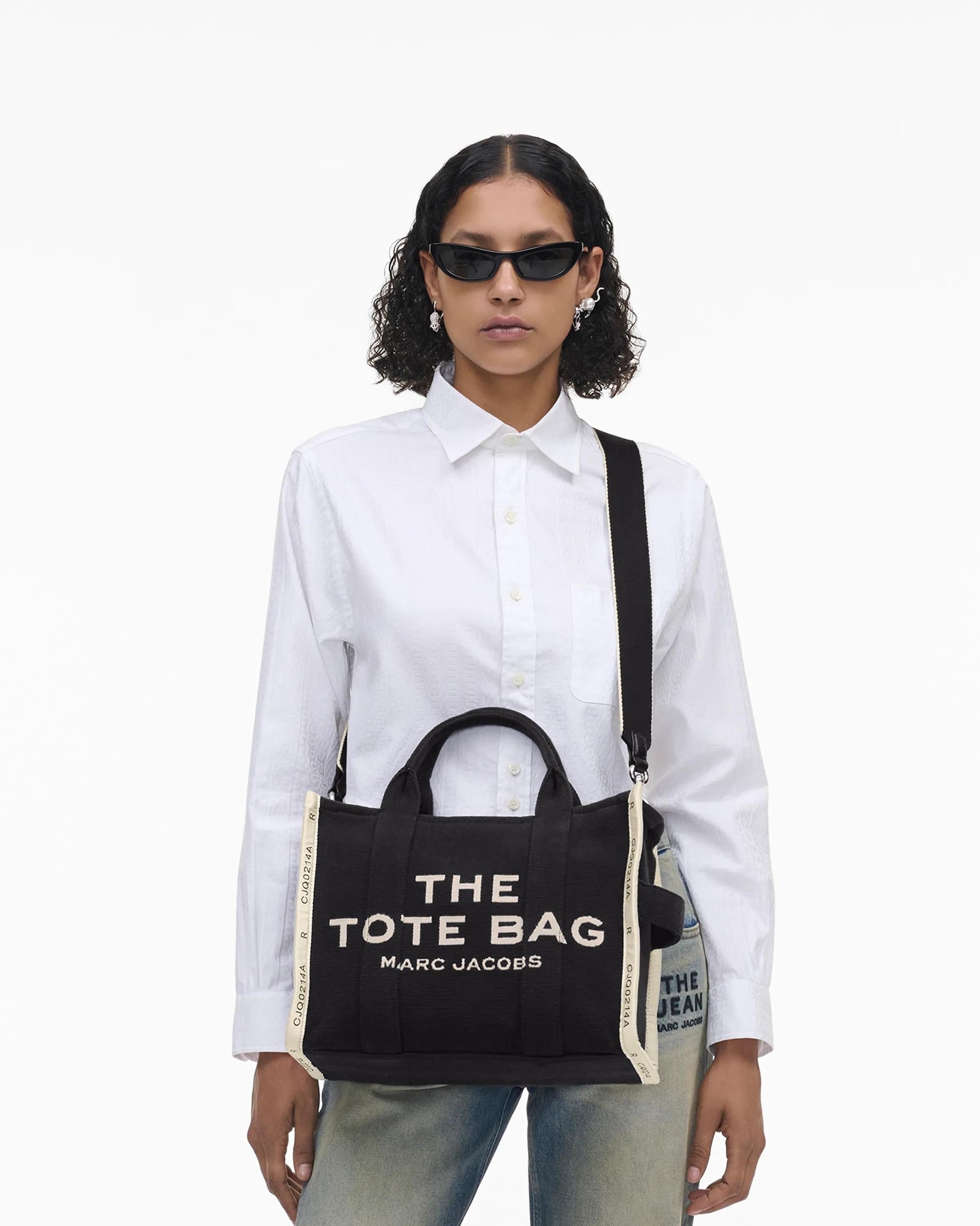 Bolsa Marc Jacobs The Jacquard Medium Tote Bag, Jacquard Tecido de Luxo, cor Preto, vista lateral | Original Exports