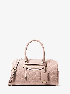 Michael Kors Jet Set Travel Medium Logo Embossed Leather Duffel Crossbody Bag - Image 2