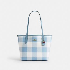 Coach Medium City Tote Bag With Gingham Print And Charm