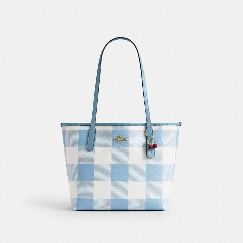Coach Medium City Tote Bag With Gingham Print And Charm
