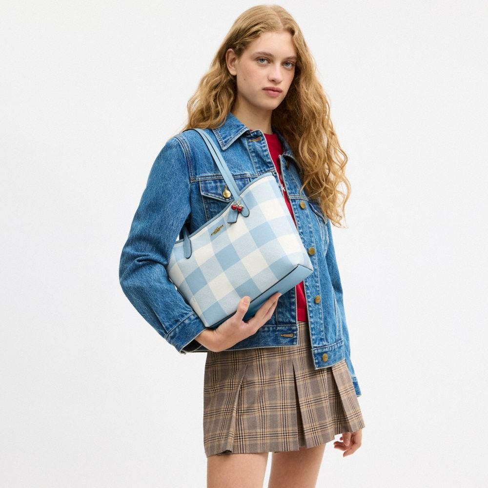 Coach Medium City Tote Bag With Gingham Print And Charm - Image 2